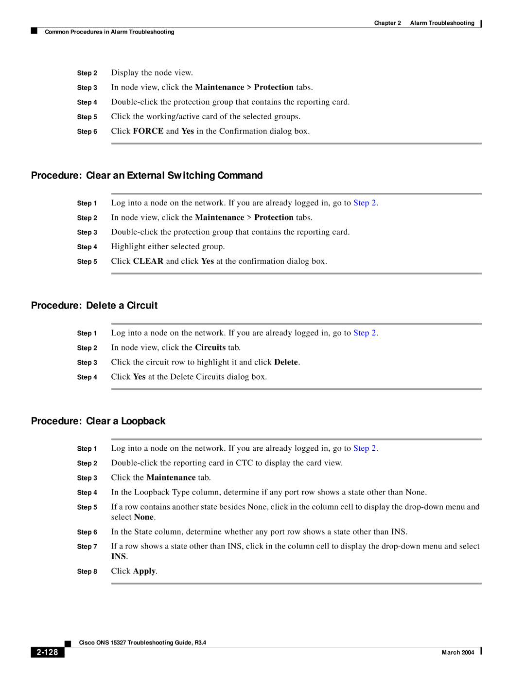 Cisco Systems ONS 15327 manual Procedure Clear an External Switching Command, Procedure Delete a Circuit, 128 