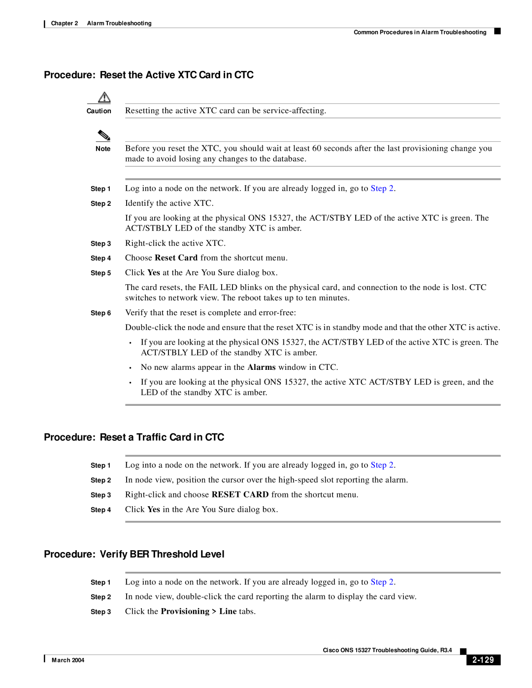 Cisco Systems ONS 15327 manual Procedure Reset the Active XTC Card in CTC, Procedure Reset a Traffic Card in CTC, 129 