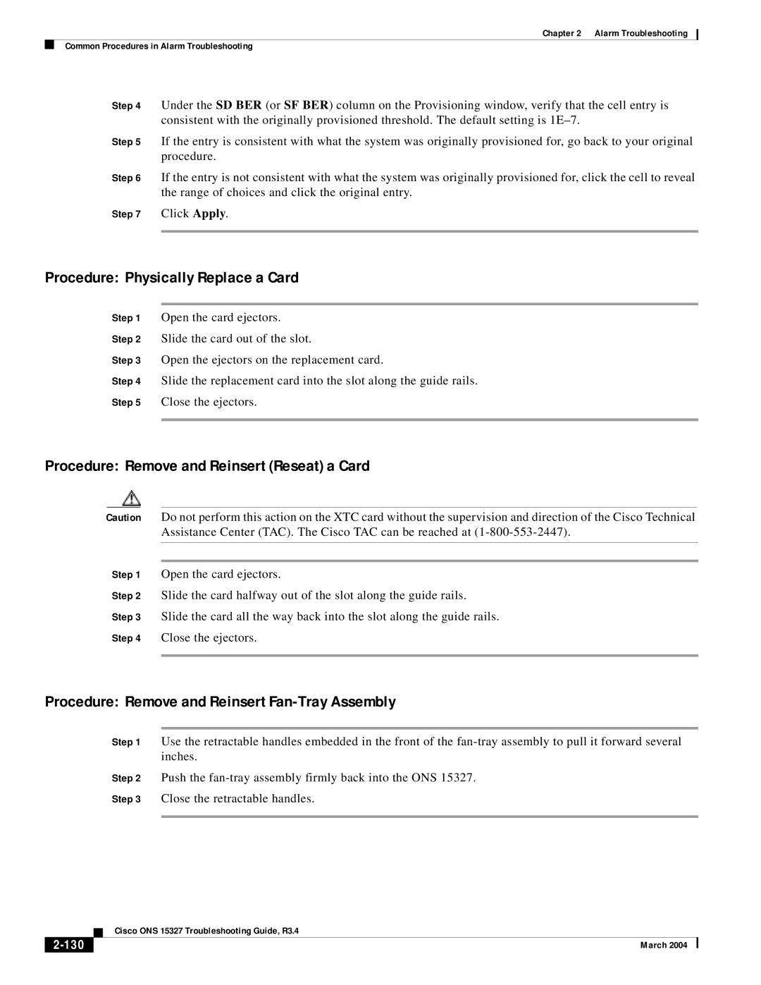 Cisco Systems ONS 15327 manual Procedure Physically Replace a Card, Procedure Remove and Reinsert Reseat a Card, 130 