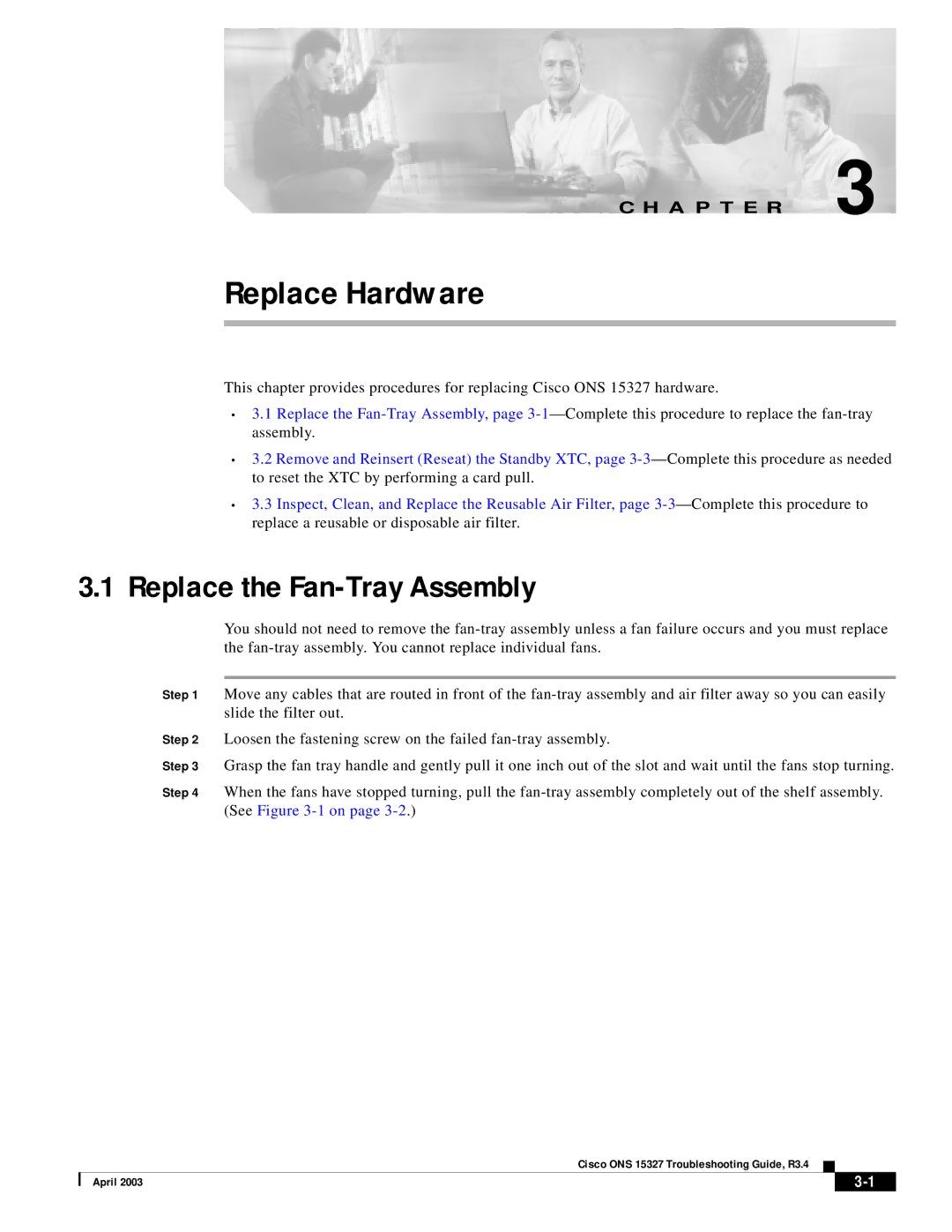 Cisco Systems ONS 15327 manual Replace Hardware, Replace the Fan-Tray Assembly 