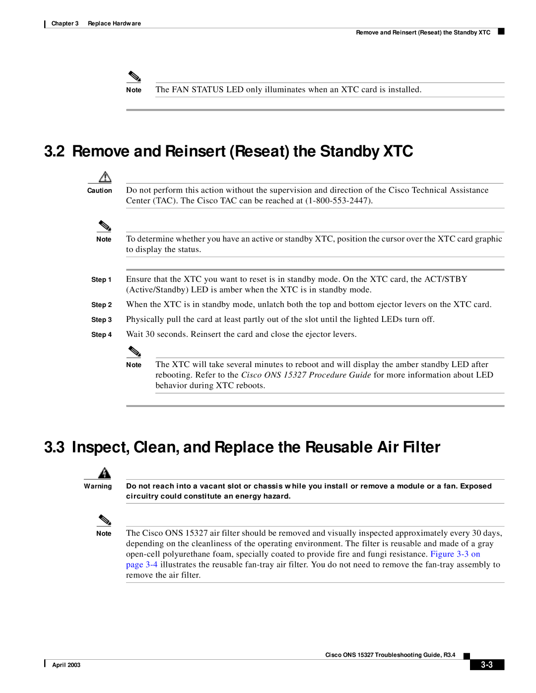 Cisco Systems ONS 15327 Remove and Reinsert Reseat the Standby XTC, Inspect, Clean, and Replace the Reusable Air Filter 