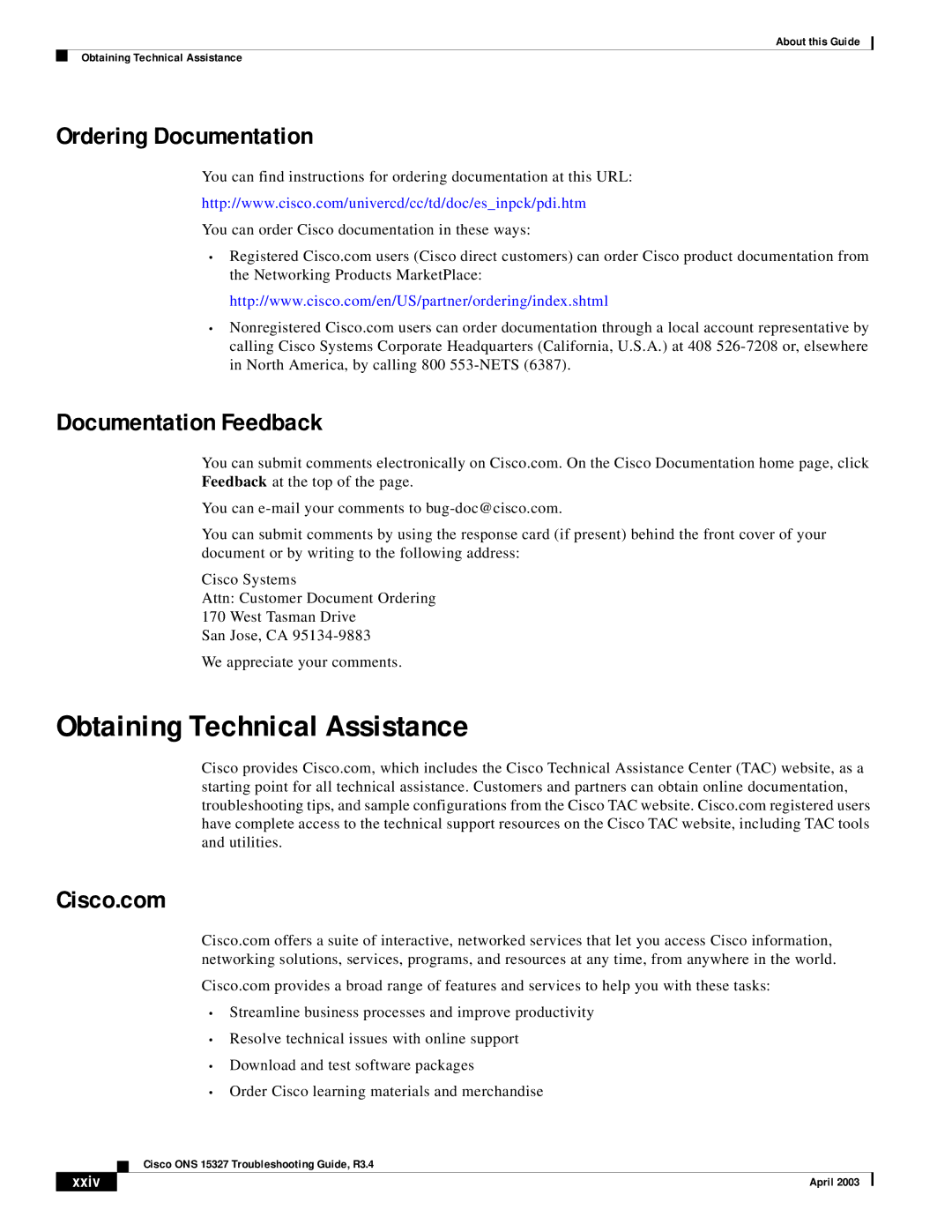 Cisco Systems ONS 15327 manual Obtaining Technical Assistance, Ordering Documentation, Documentation Feedback, Xxiv 