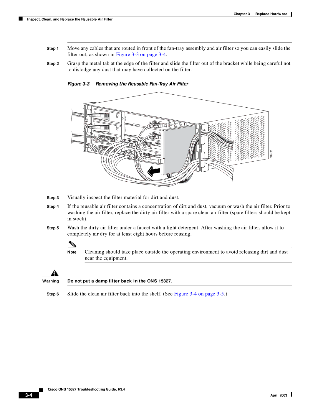 Cisco Systems ONS 15327 manual Removing the Reusable Fan-Tray Air Filter 