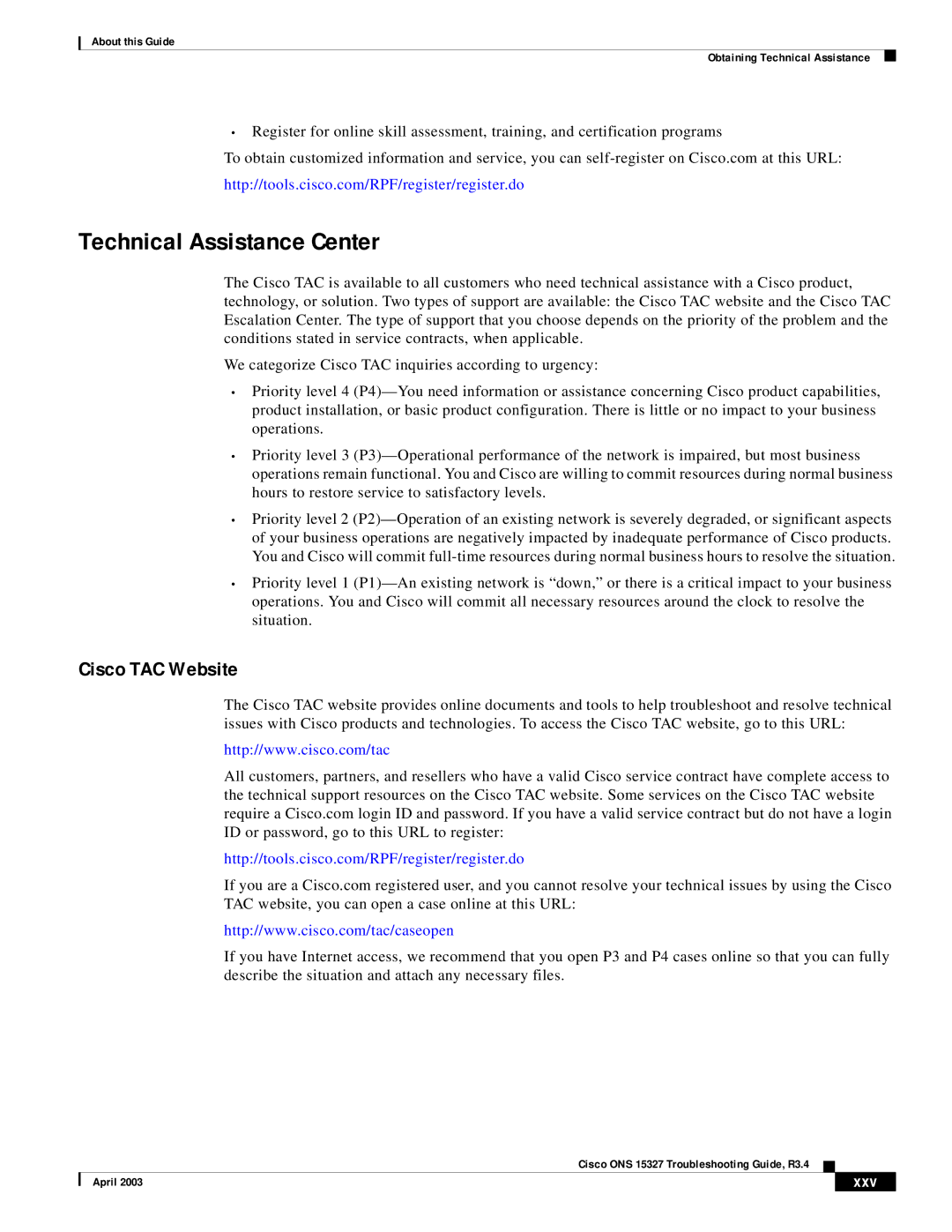 Cisco Systems ONS 15327 manual Technical Assistance Center, Cisco TAC Website, Xxv 