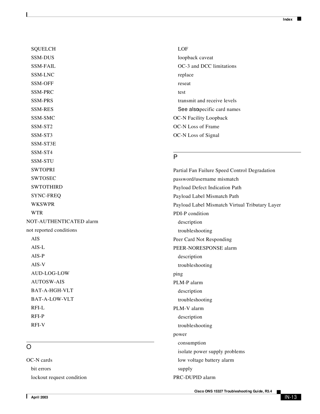 Cisco Systems ONS 15327 manual Squelch, IN-13 