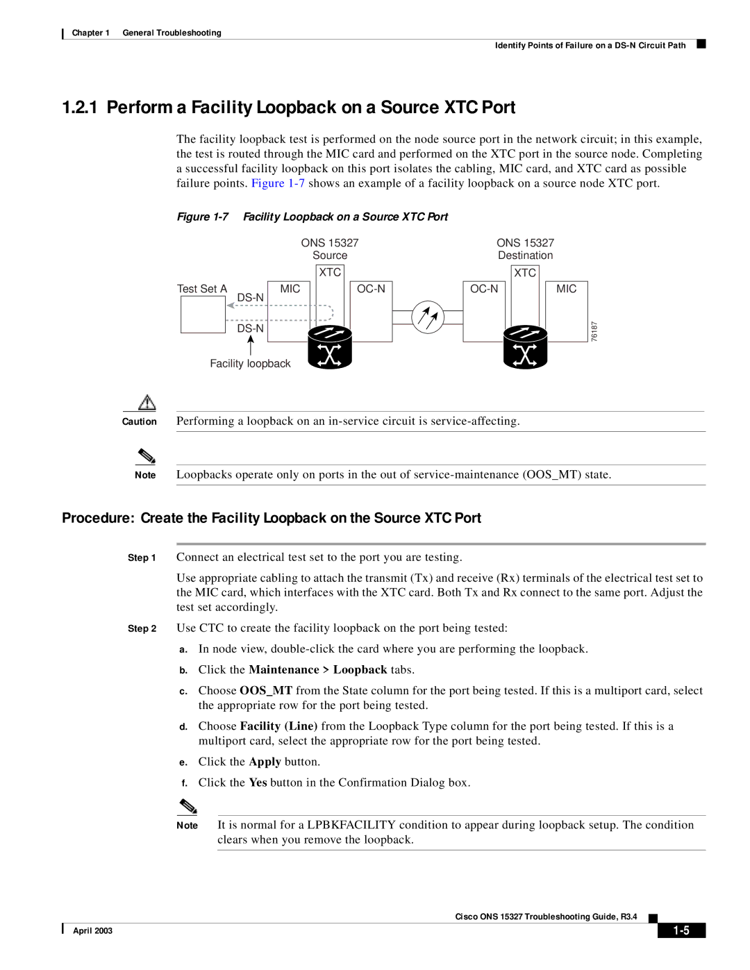 Cisco Systems ONS 15327 manual Perform a Facility Loopback on a Source XTC Port, Click the Maintenance Loopback tabs 