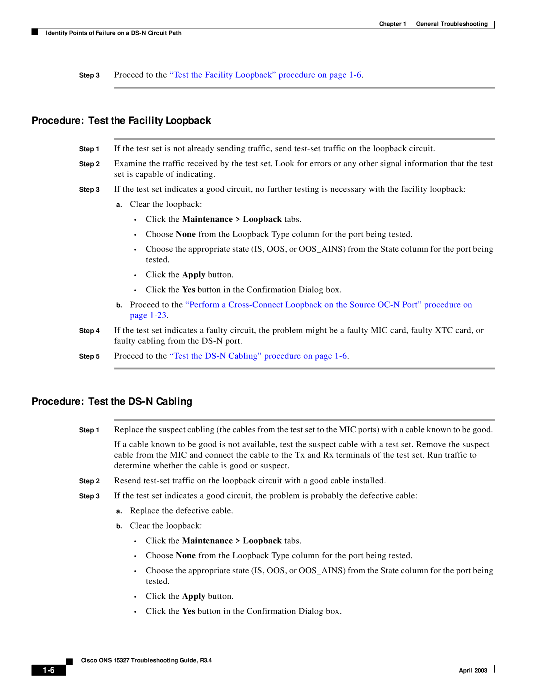 Cisco Systems ONS 15327 manual Procedure Test the Facility Loopback, Procedure Test the DS-N Cabling 