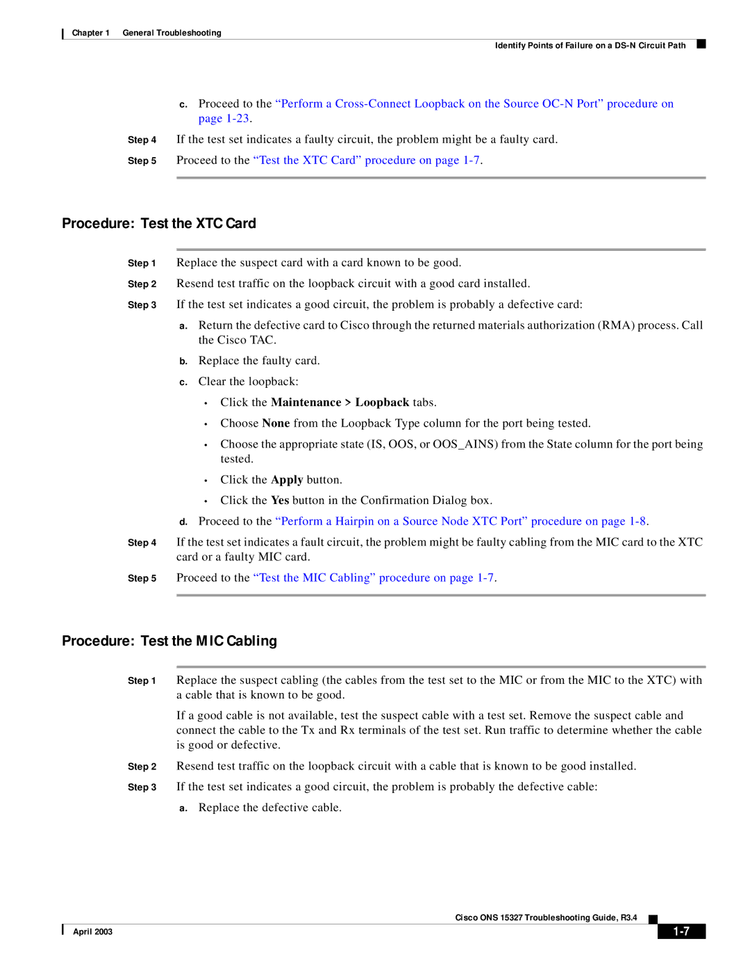 Cisco Systems ONS 15327 manual Procedure Test the XTC Card, Procedure Test the MIC Cabling 