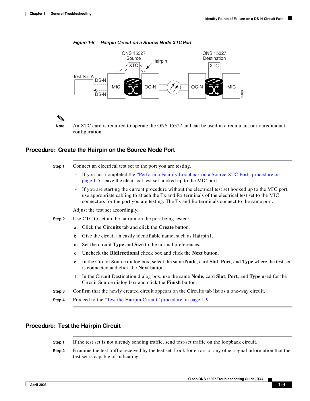 Cisco Systems ONS 15327 manual Procedure Create the Hairpin on the Source Node Port, Procedure Test the Hairpin Circuit 