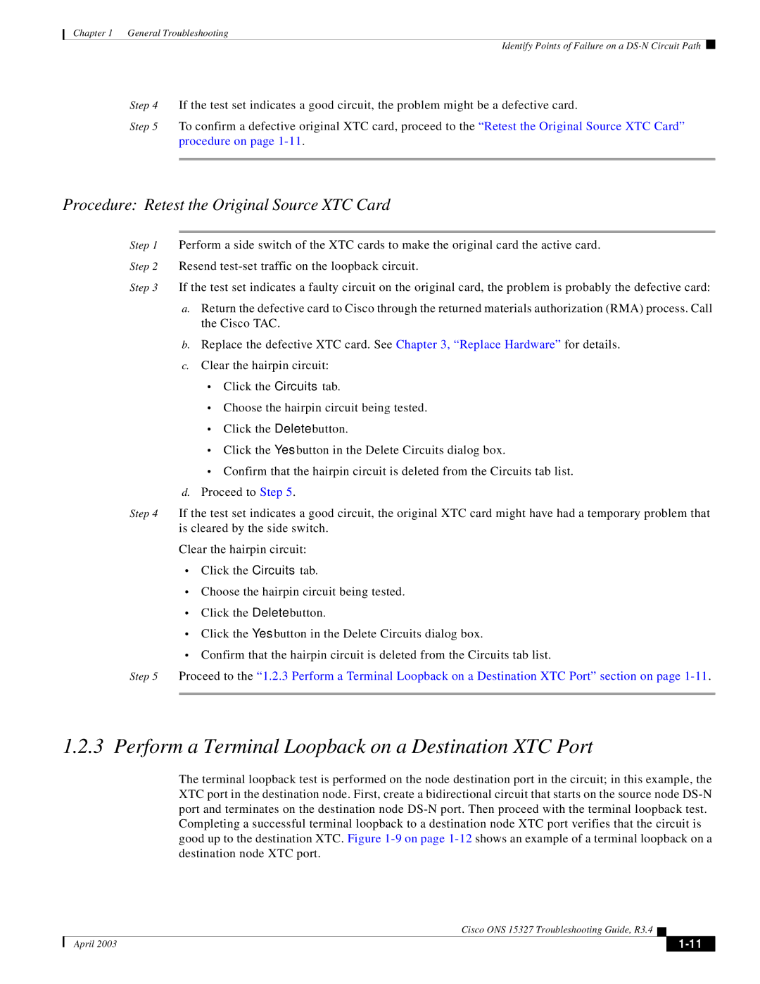 Cisco Systems ONS 15327 manual Perform a Terminal Loopback on a Destination XTC Port 