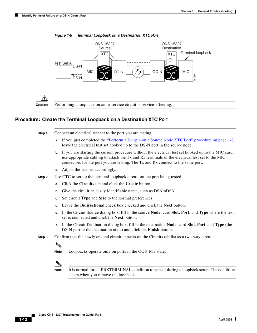 Cisco Systems ONS 15327 manual Terminal Loopback on a Destination XTC Port 