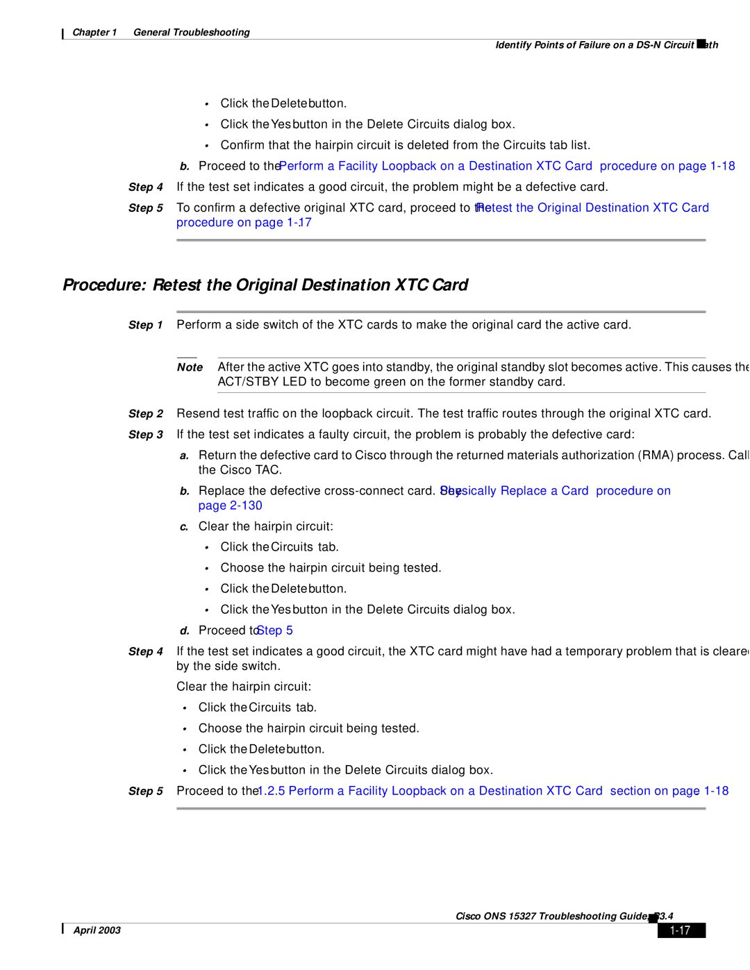 Cisco Systems ONS 15327 manual Procedure Retest the Original Destination XTC Card 