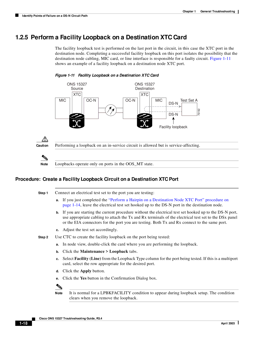 Cisco Systems ONS 15327 manual Perform a Facility Loopback on a Destination XTC Card 