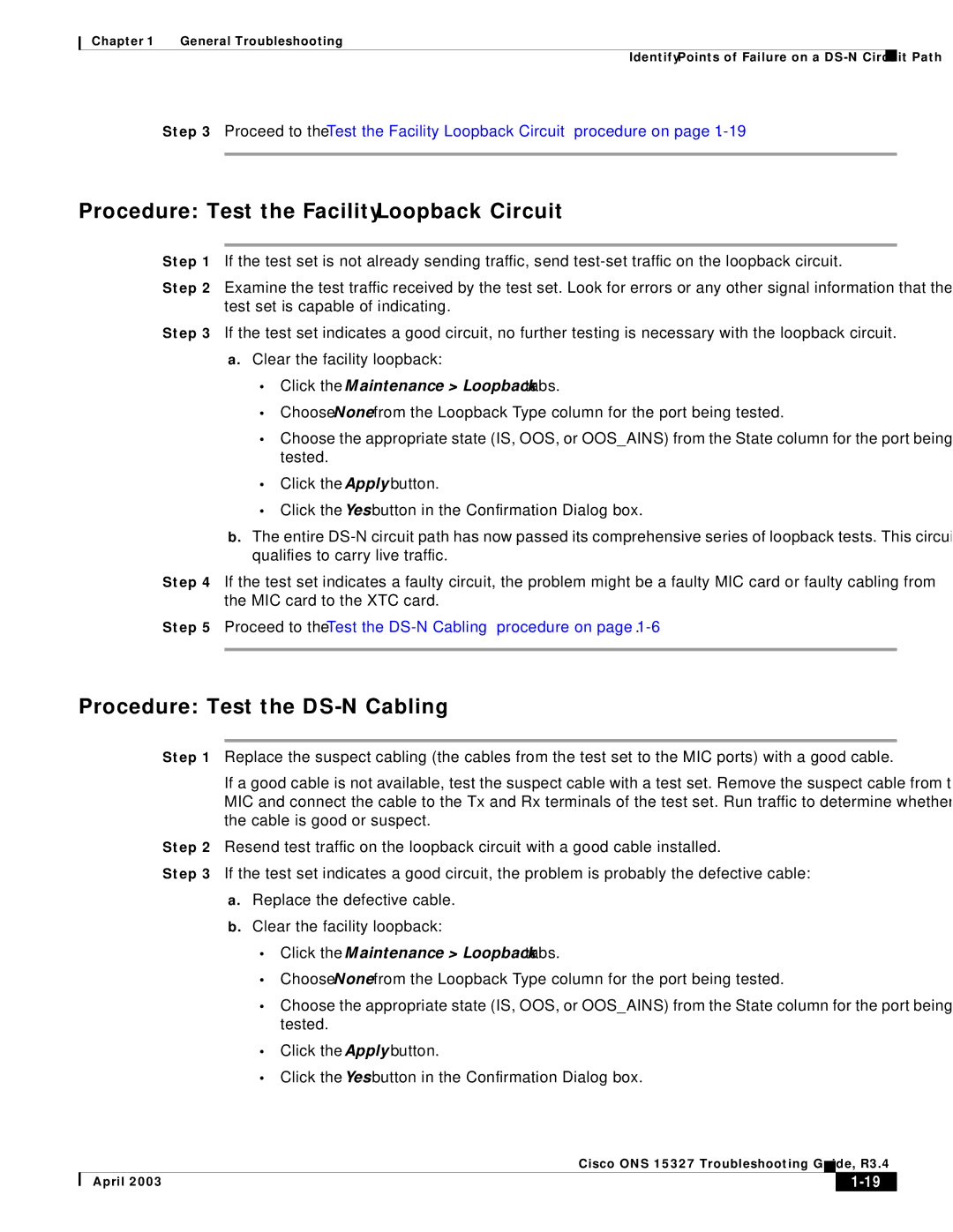 Cisco Systems ONS 15327 manual Procedure Test the Facility Loopback Circuit, Procedure Test the DS-N Cabling 