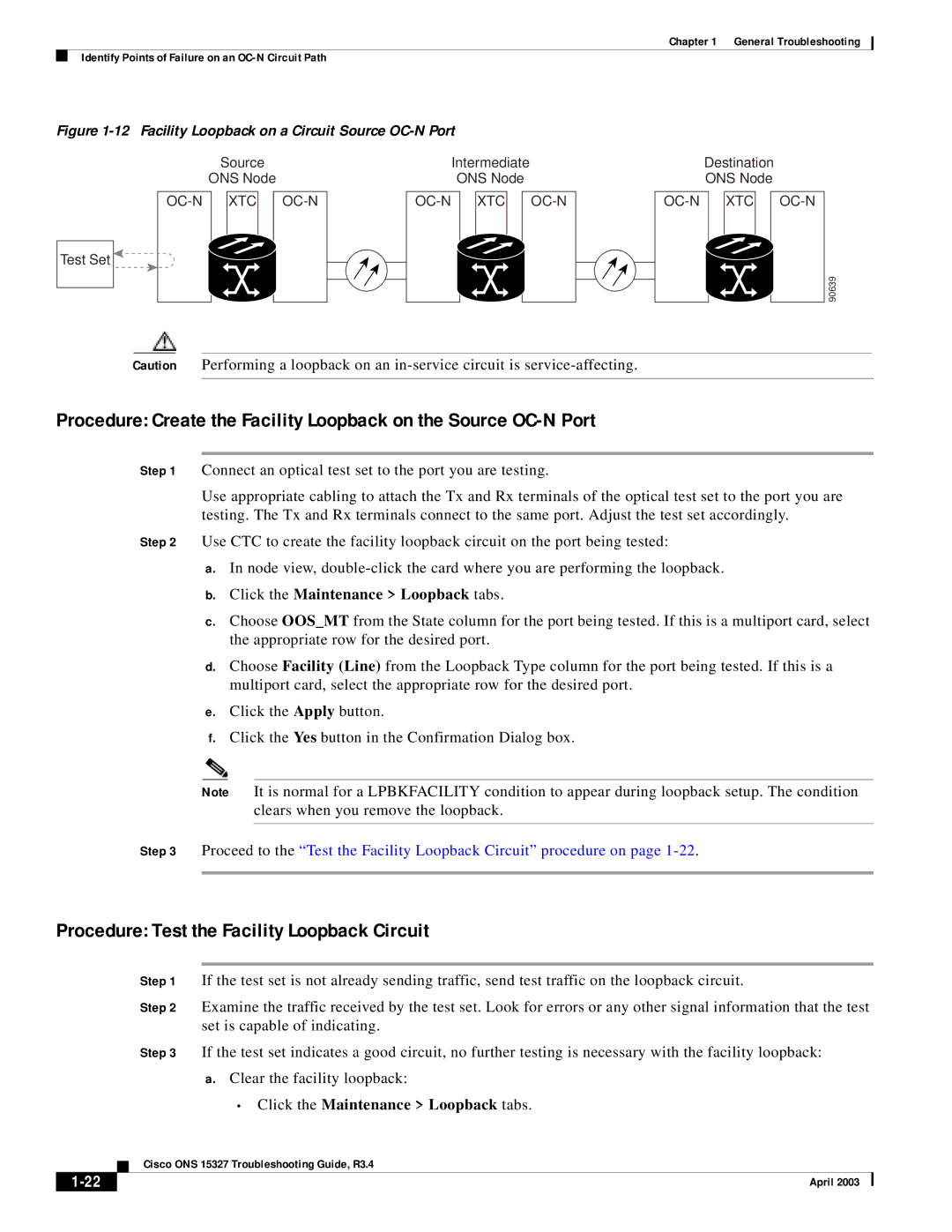 Cisco Systems ONS 15327 manual Facility Loopback on a Circuit Source OC-N Port 