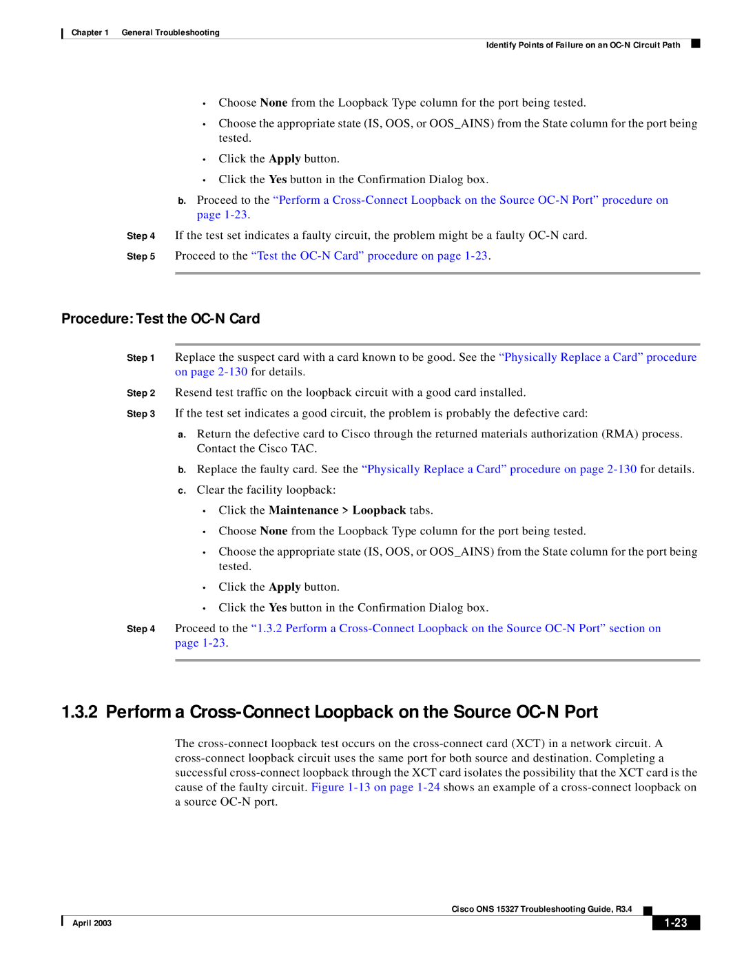 Cisco Systems ONS 15327 manual Perform a Cross-Connect Loopback on the Source OC-N Port, Procedure Test the OC-N Card 