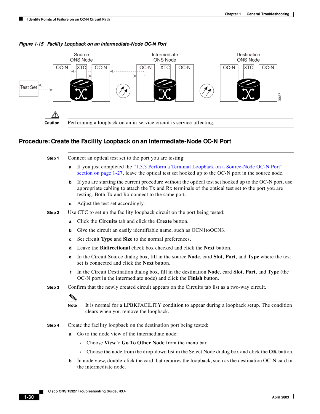 Cisco Systems ONS 15327 manual Facility Loopback on an Intermediate-Node OC-N Port 