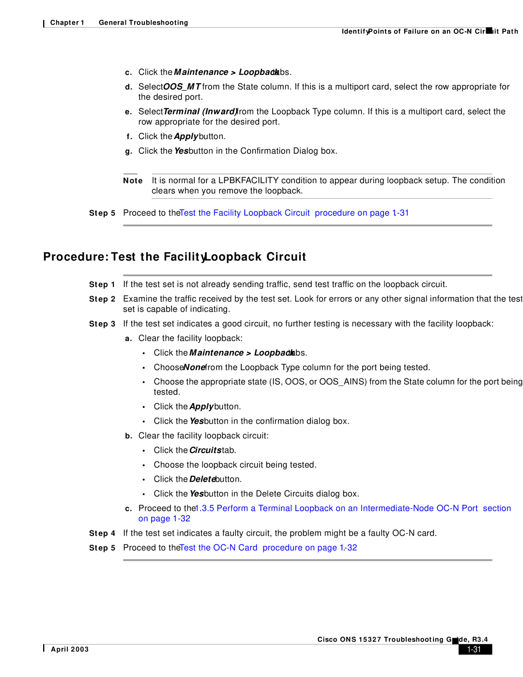 Cisco Systems ONS 15327 manual Procedure Test the Facility Loopback Circuit 