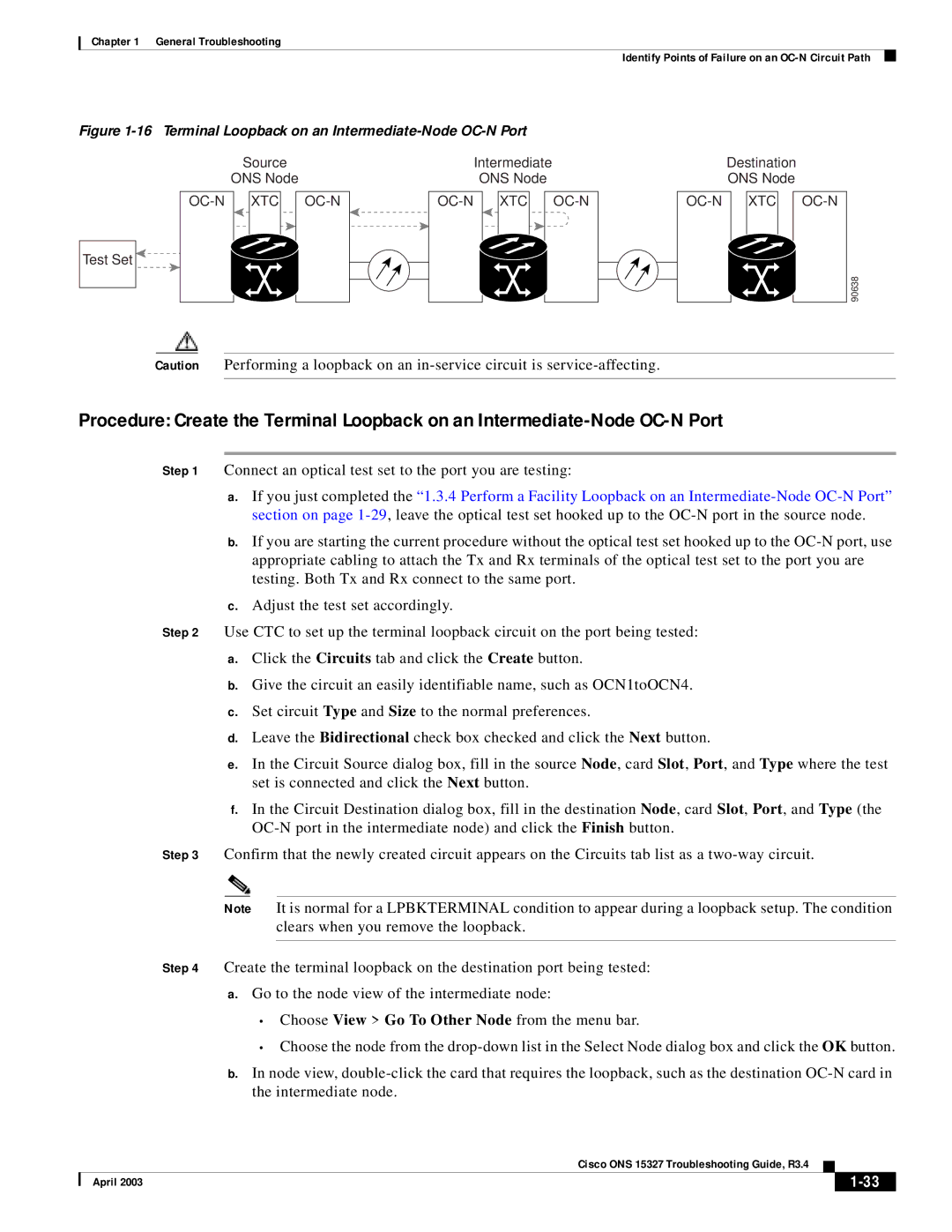 Cisco Systems ONS 15327 manual Terminal Loopback on an Intermediate-Node OC-N Port 