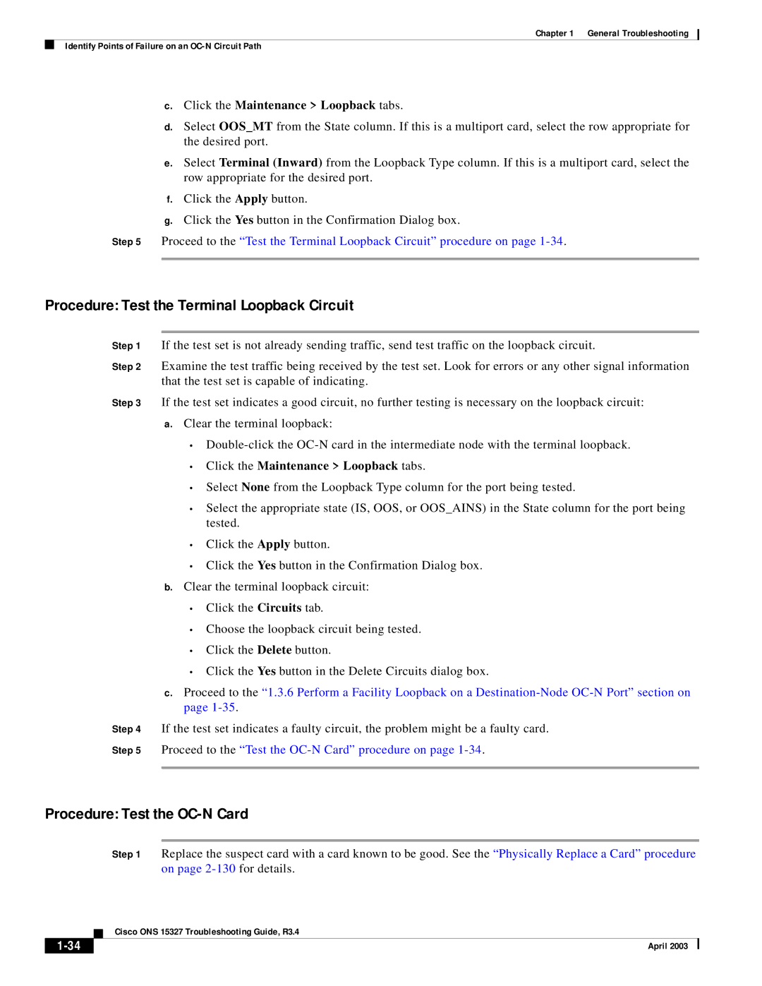 Cisco Systems ONS 15327 manual Procedure Test the Terminal Loopback Circuit 