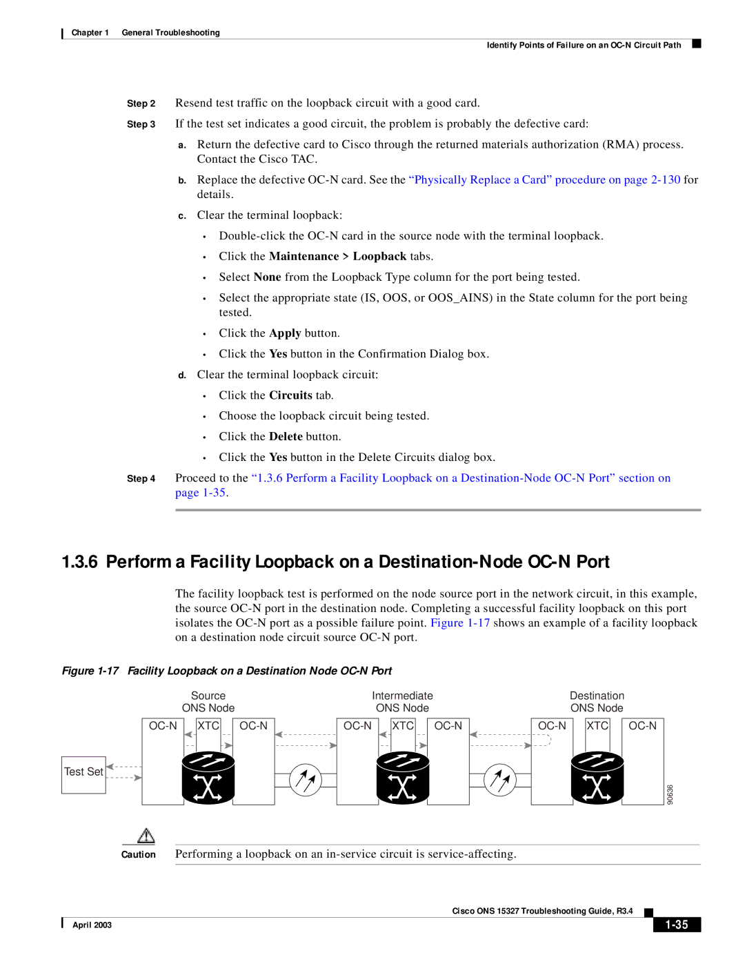 Cisco Systems ONS 15327 manual Perform a Facility Loopback on a Destination-Node OC-N Port 