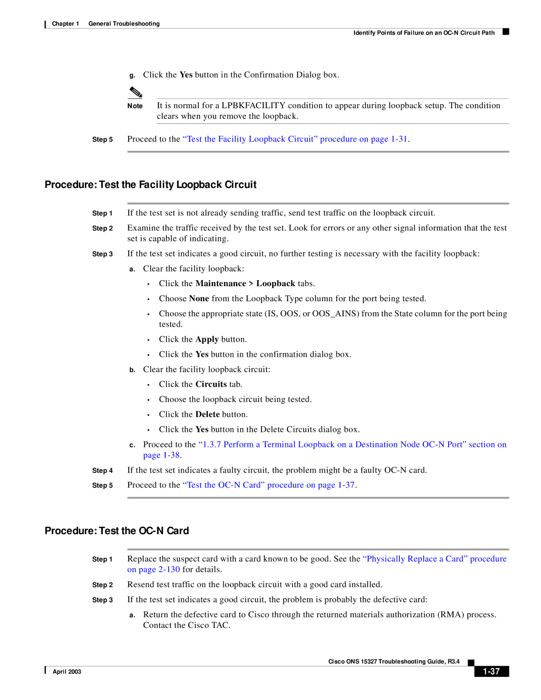 Cisco Systems ONS 15327 manual Procedure Test the Facility Loopback Circuit 