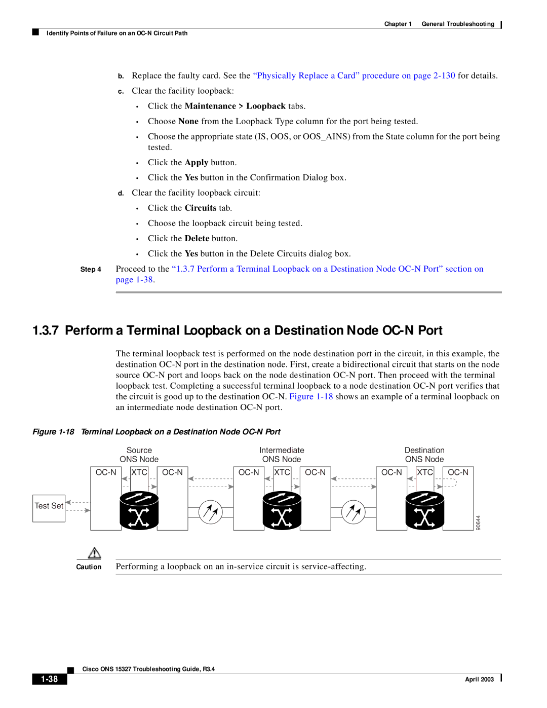 Cisco Systems ONS 15327 manual Perform a Terminal Loopback on a Destination Node OC-N Port 