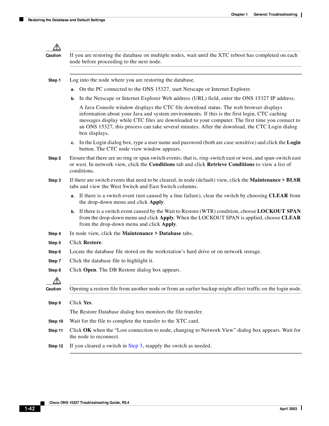 Cisco Systems ONS 15327 manual Click Restore 