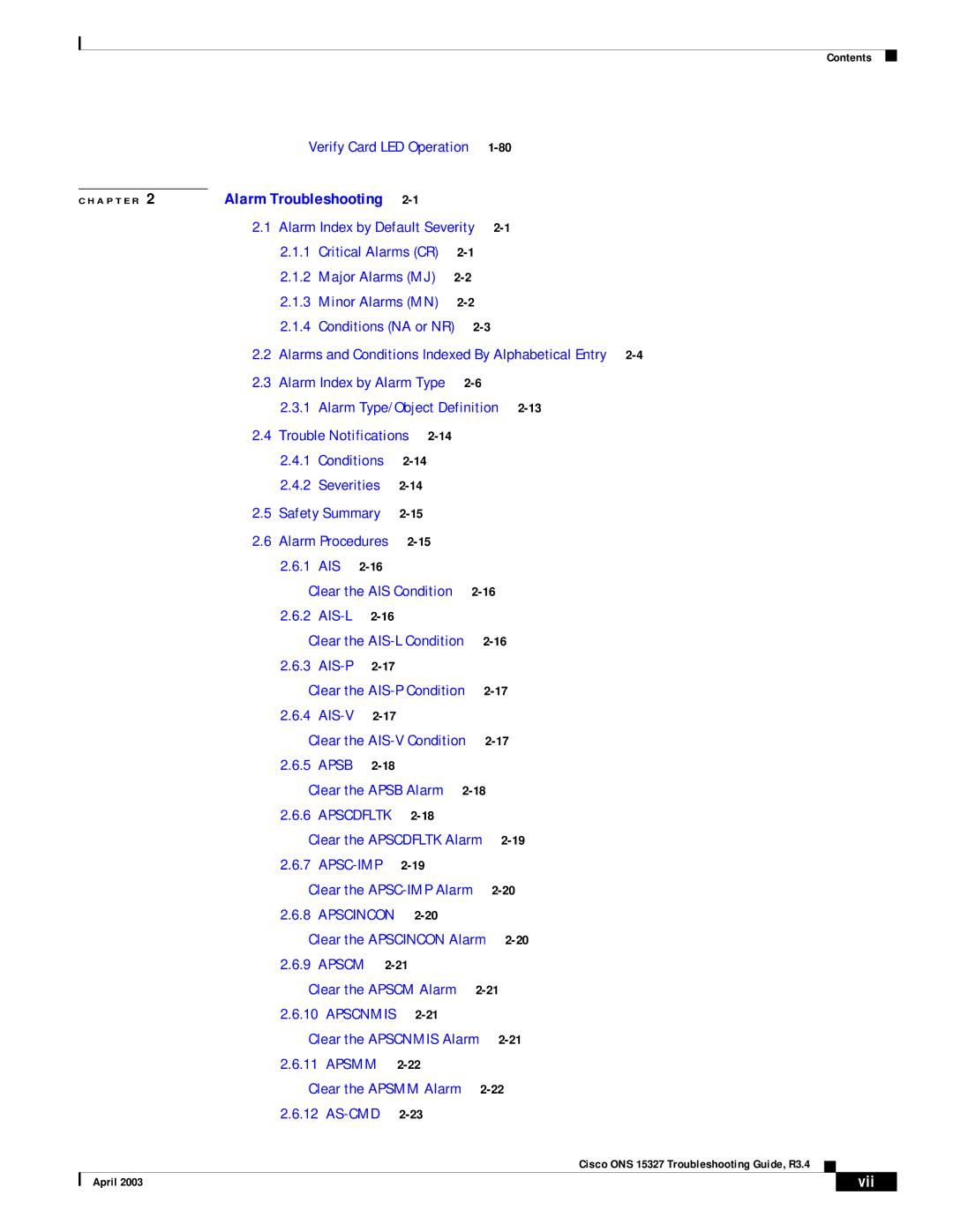 Cisco Systems ONS 15327 manual Ais, Vii 