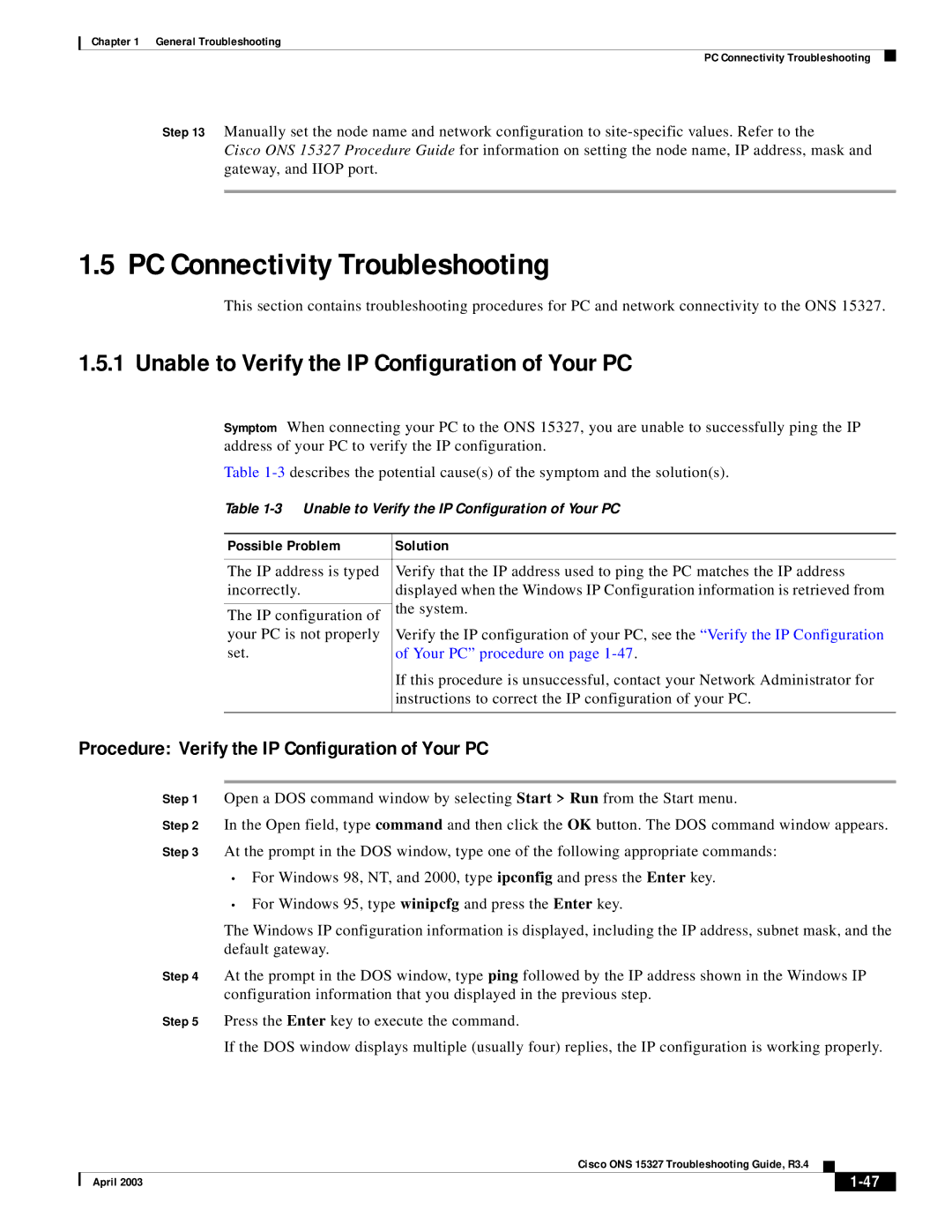 Cisco Systems ONS 15327 manual PC Connectivity Troubleshooting, Unable to Verify the IP Configuration of Your PC 