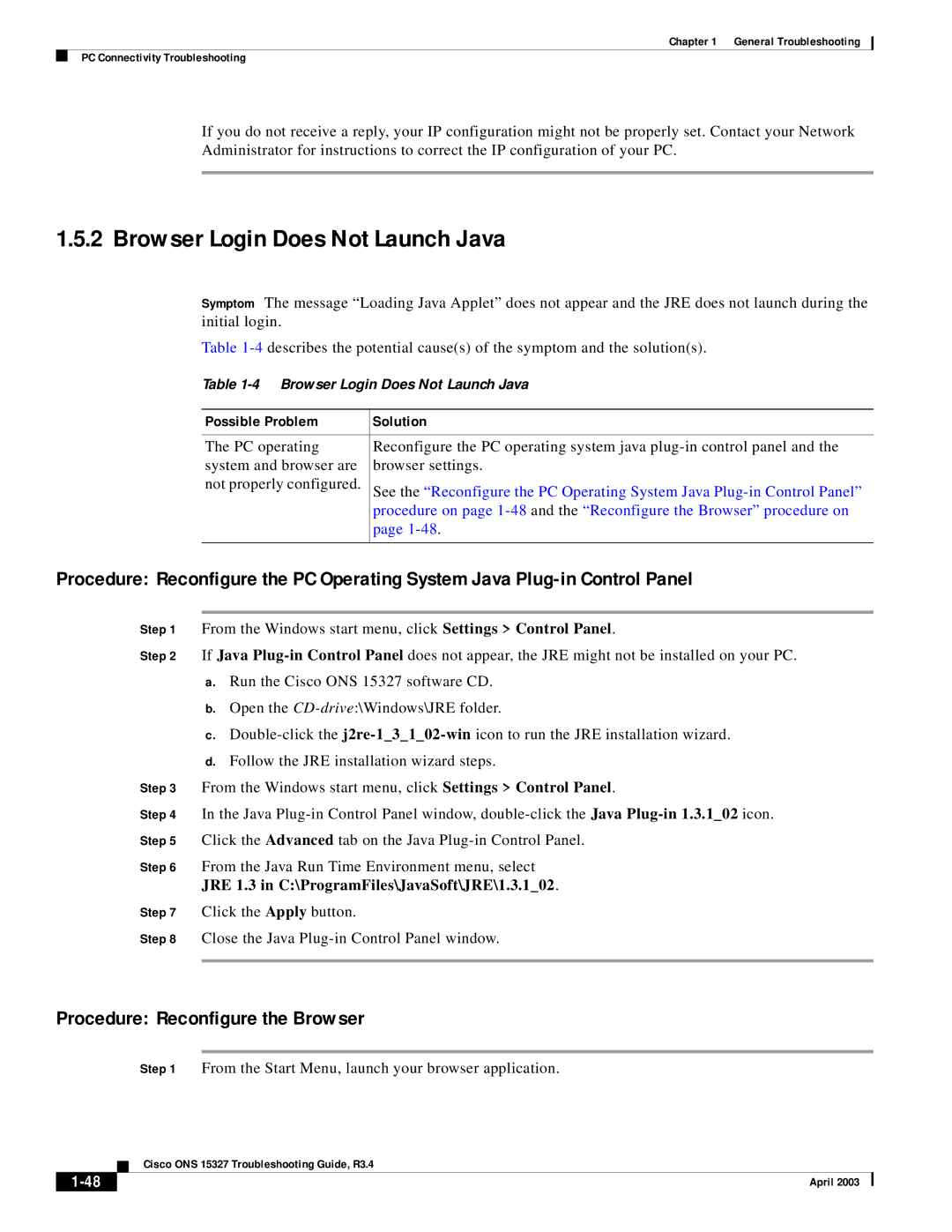 Cisco Systems ONS 15327 manual Browser Login Does Not Launch Java, Procedure Reconfigure the Browser 