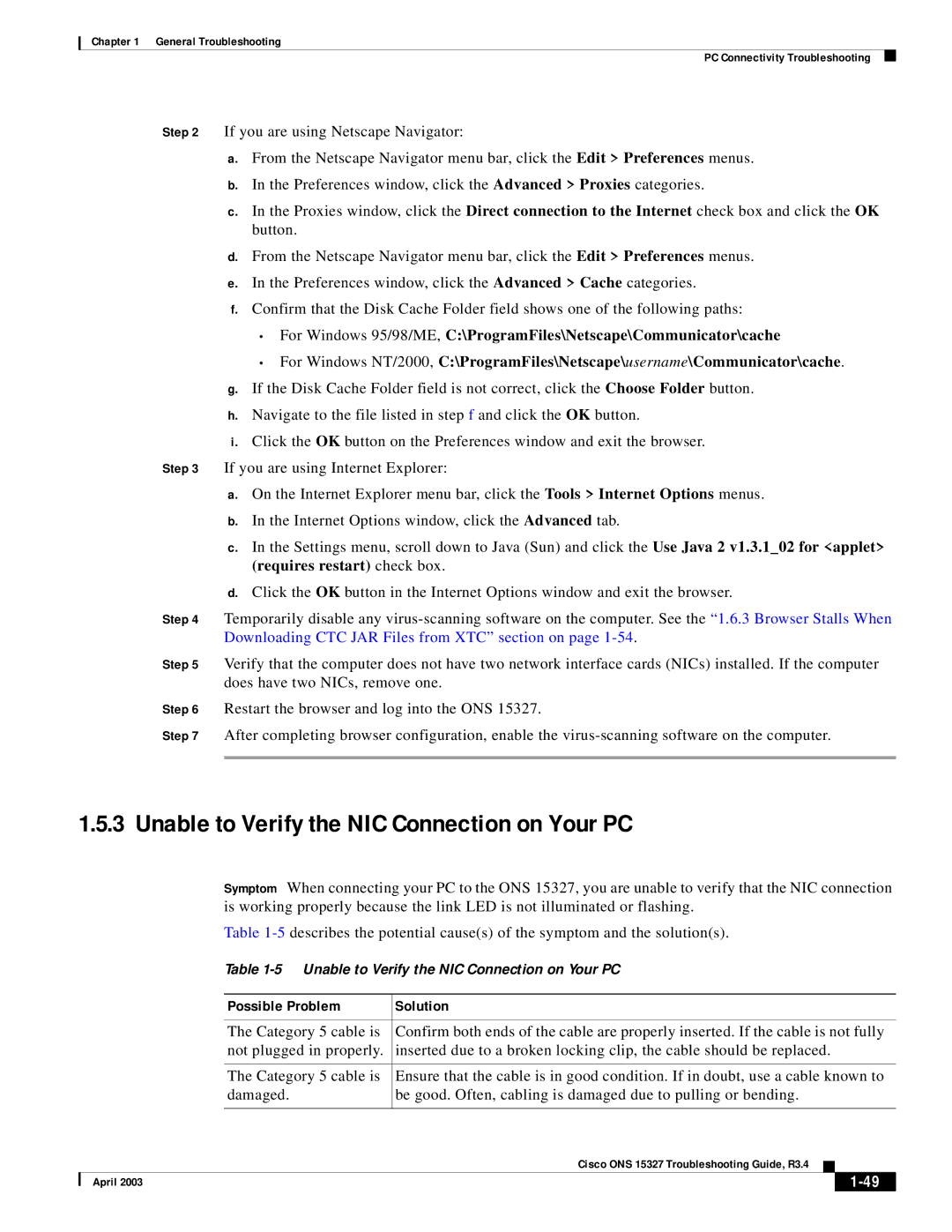 Cisco Systems ONS 15327 manual Unable to Verify the NIC Connection on Your PC 