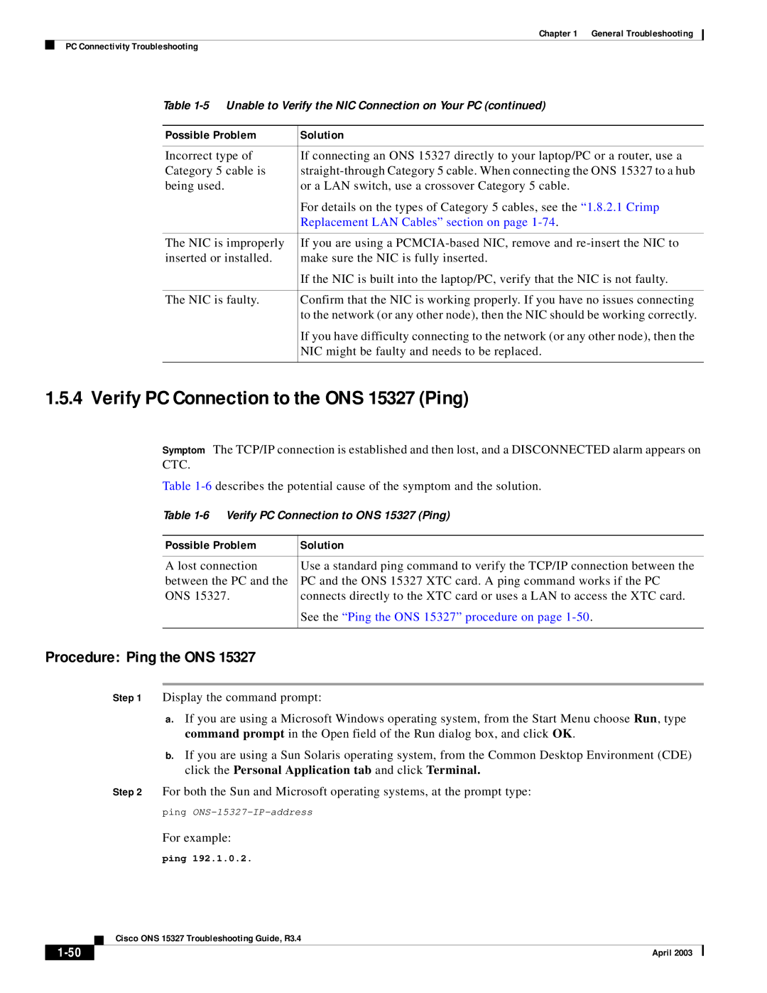 Cisco Systems manual Verify PC Connection to the ONS 15327 Ping, Procedure Ping the ONS 