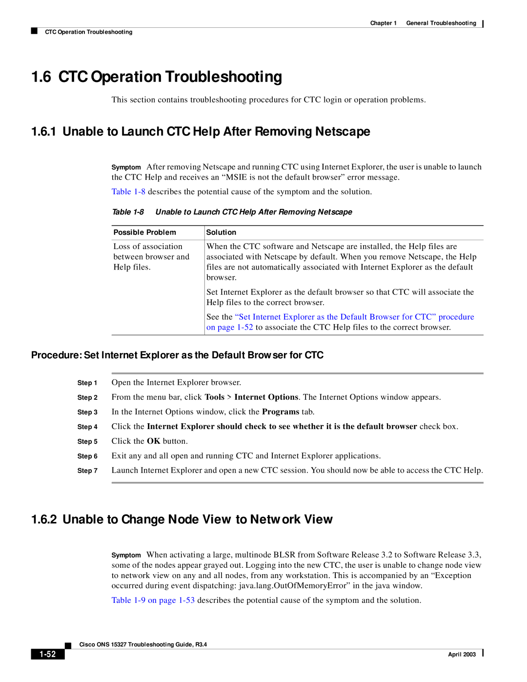 Cisco Systems ONS 15327 manual CTC Operation Troubleshooting, Unable to Launch CTC Help After Removing Netscape 