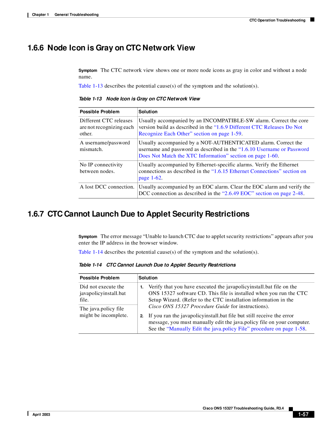 Cisco Systems ONS 15327 manual Node Icon is Gray on CTC Network View, CTC Cannot Launch Due to Applet Security Restrictions 