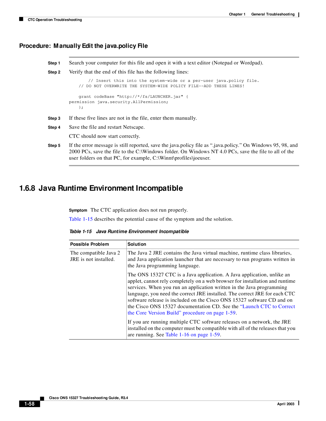 Cisco Systems ONS 15327 manual Java Runtime Environment Incompatible, Procedure Manually Edit the java.policy File 