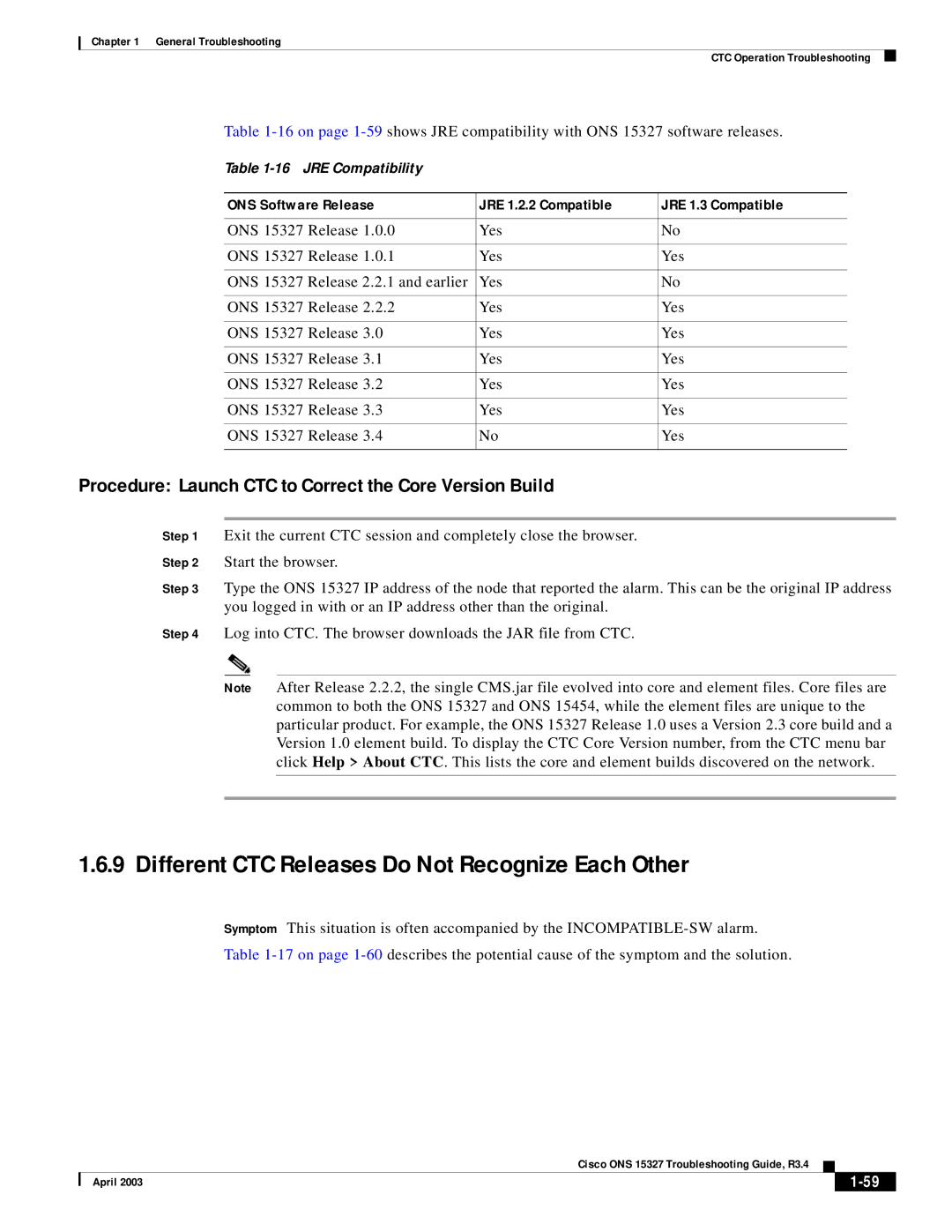 Cisco Systems ONS 15327 manual Different CTC Releases Do Not Recognize Each Other 