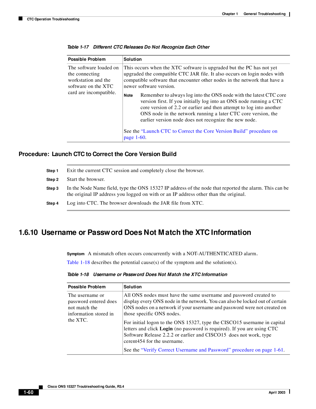 Cisco Systems ONS 15327 manual Username or Password Does Not Match the XTC Information 