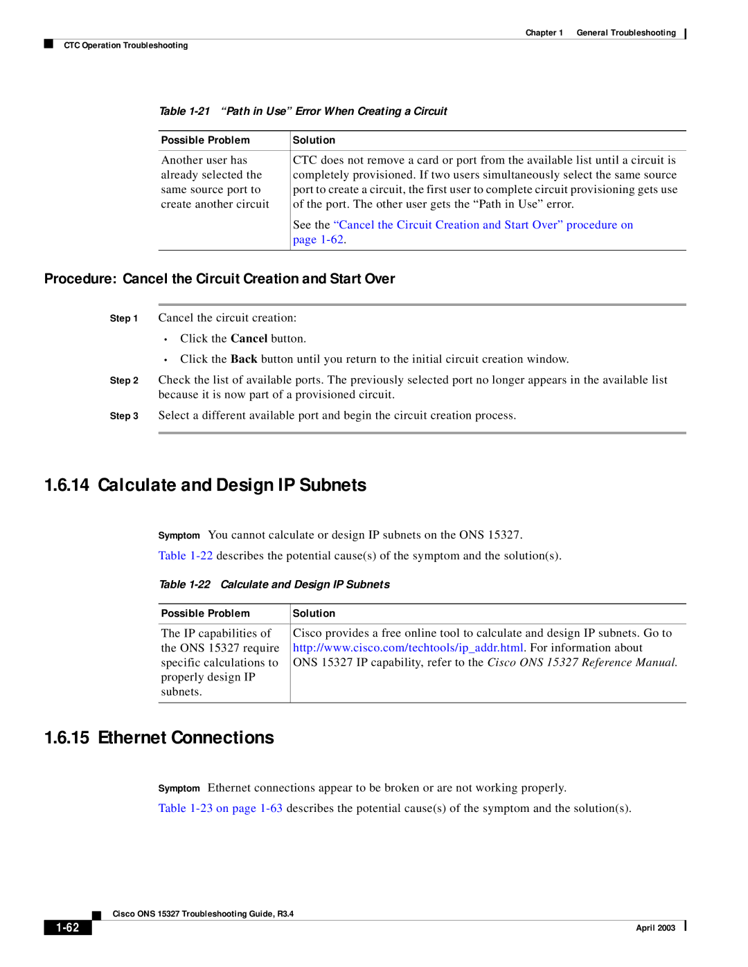 Cisco Systems ONS 15327 manual Calculate and Design IP Subnets, Ethernet Connections 