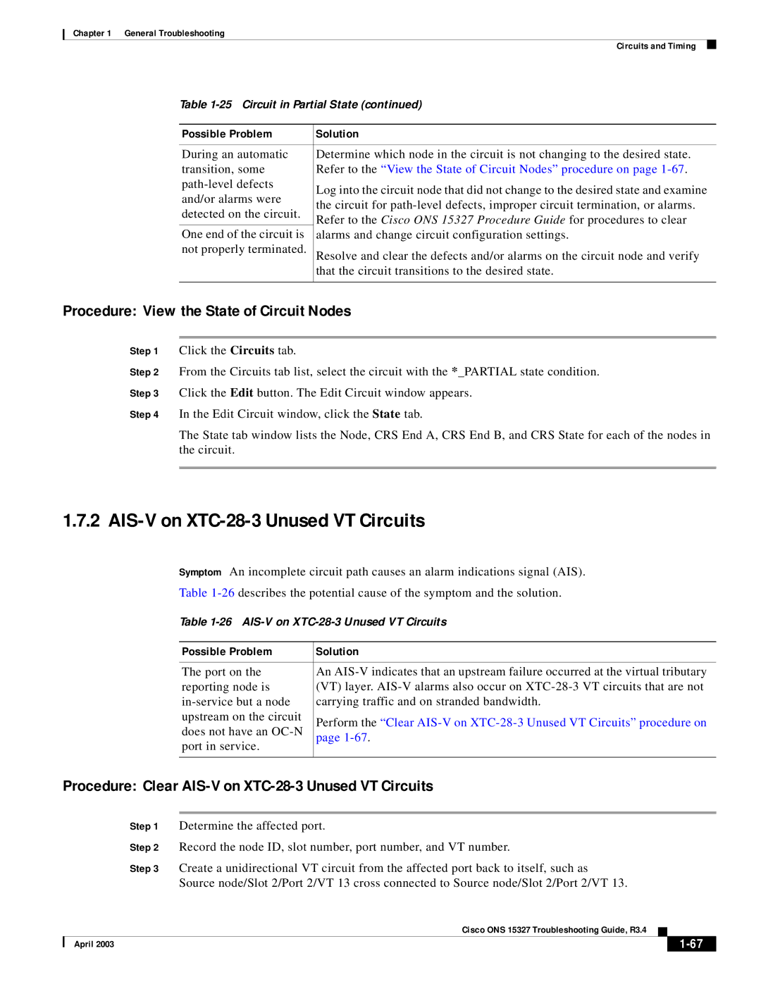 Cisco Systems ONS 15327 manual AIS-V on XTC-28-3 Unused VT Circuits, Procedure View the State of Circuit Nodes 