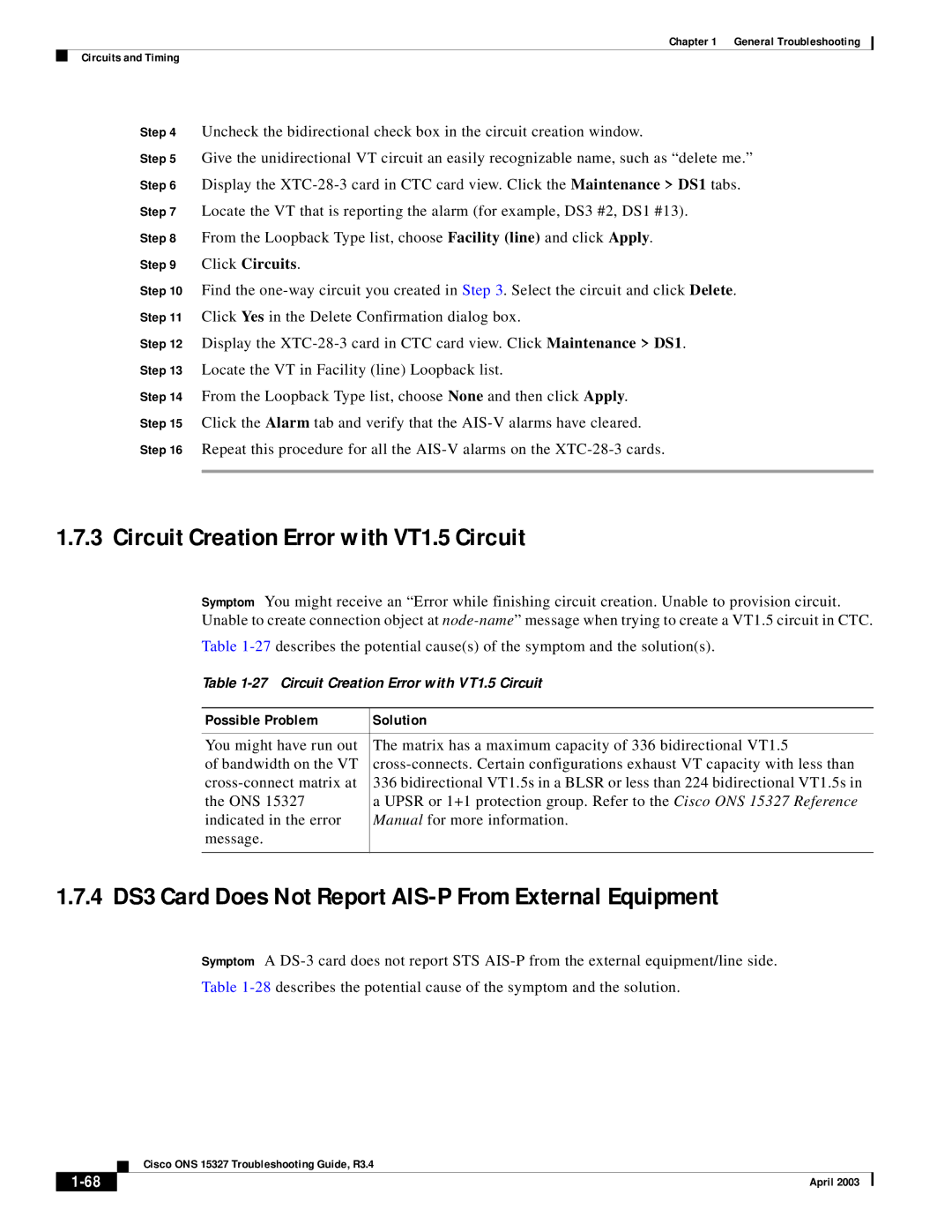 Cisco Systems ONS 15327 manual Circuit Creation Error with VT1.5 Circuit, Click Circuits 