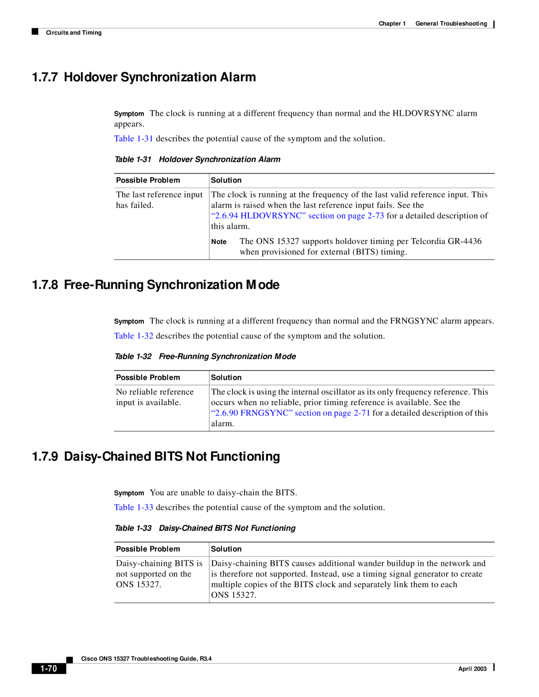 Cisco Systems ONS 15327 manual Holdover Synchronization Alarm, Free-Running Synchronization Mode 