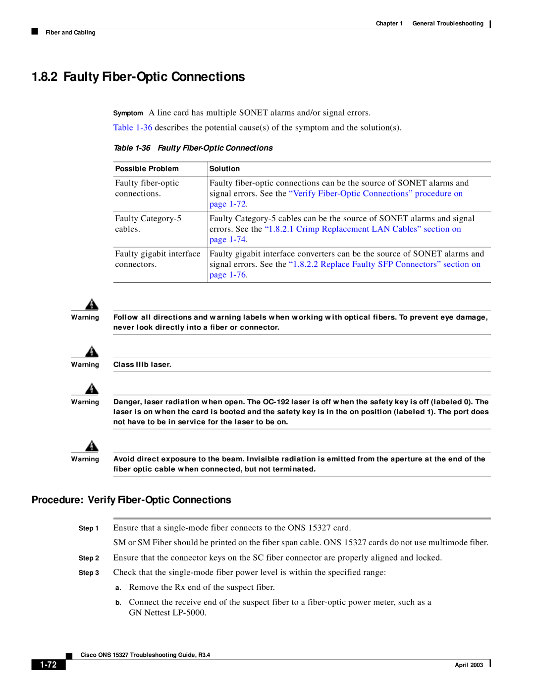 Cisco Systems ONS 15327 manual Faulty Fiber-Optic Connections, Procedure Verify Fiber-Optic Connections 