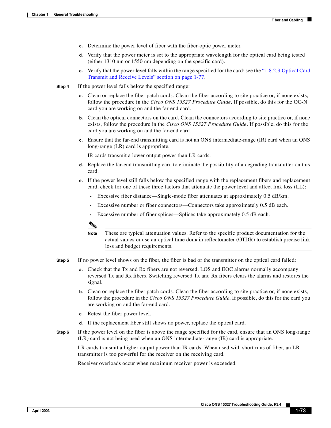 Cisco Systems ONS 15327 manual General Troubleshooting Fiber and Cabling 