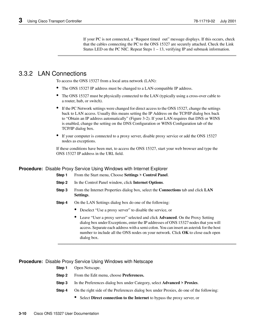 Cisco Systems ONS 15327 manual LAN Connections, Procedure Disable Proxy Service Using Windows with Netscape, Settings 