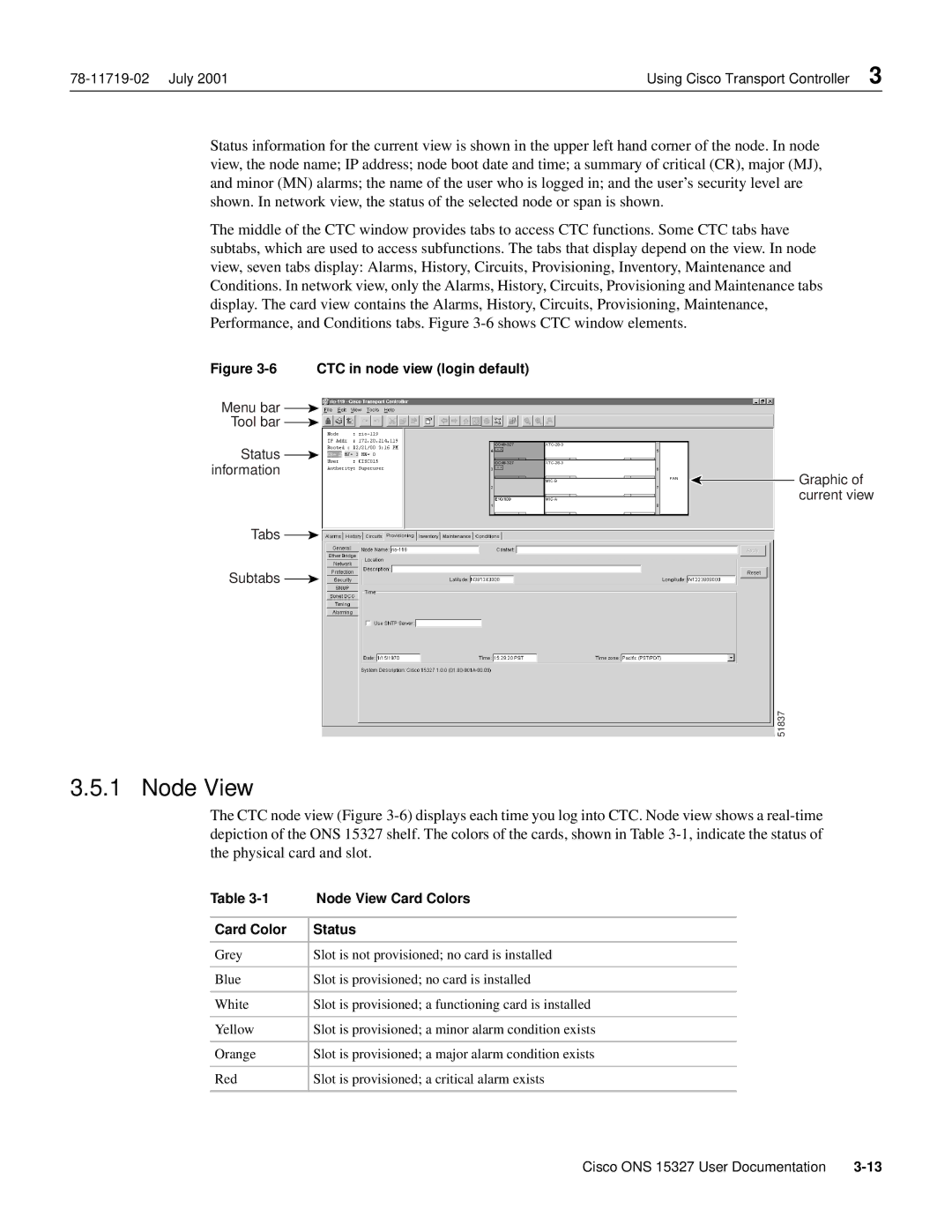 Cisco Systems ONS 15327 manual Node View Card Colors, Card Color Status 