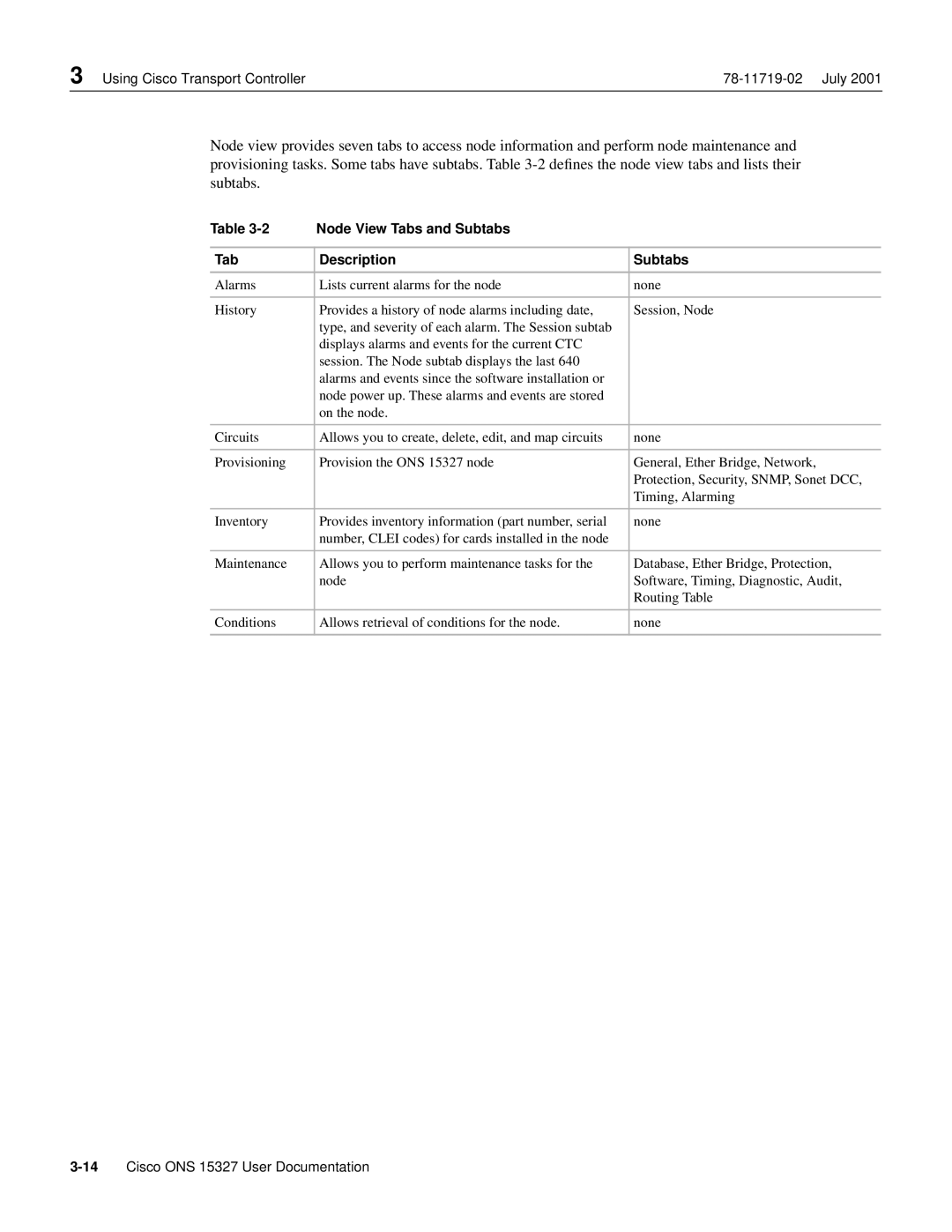 Cisco Systems ONS 15327 manual Node View Tabs and Subtabs Description 