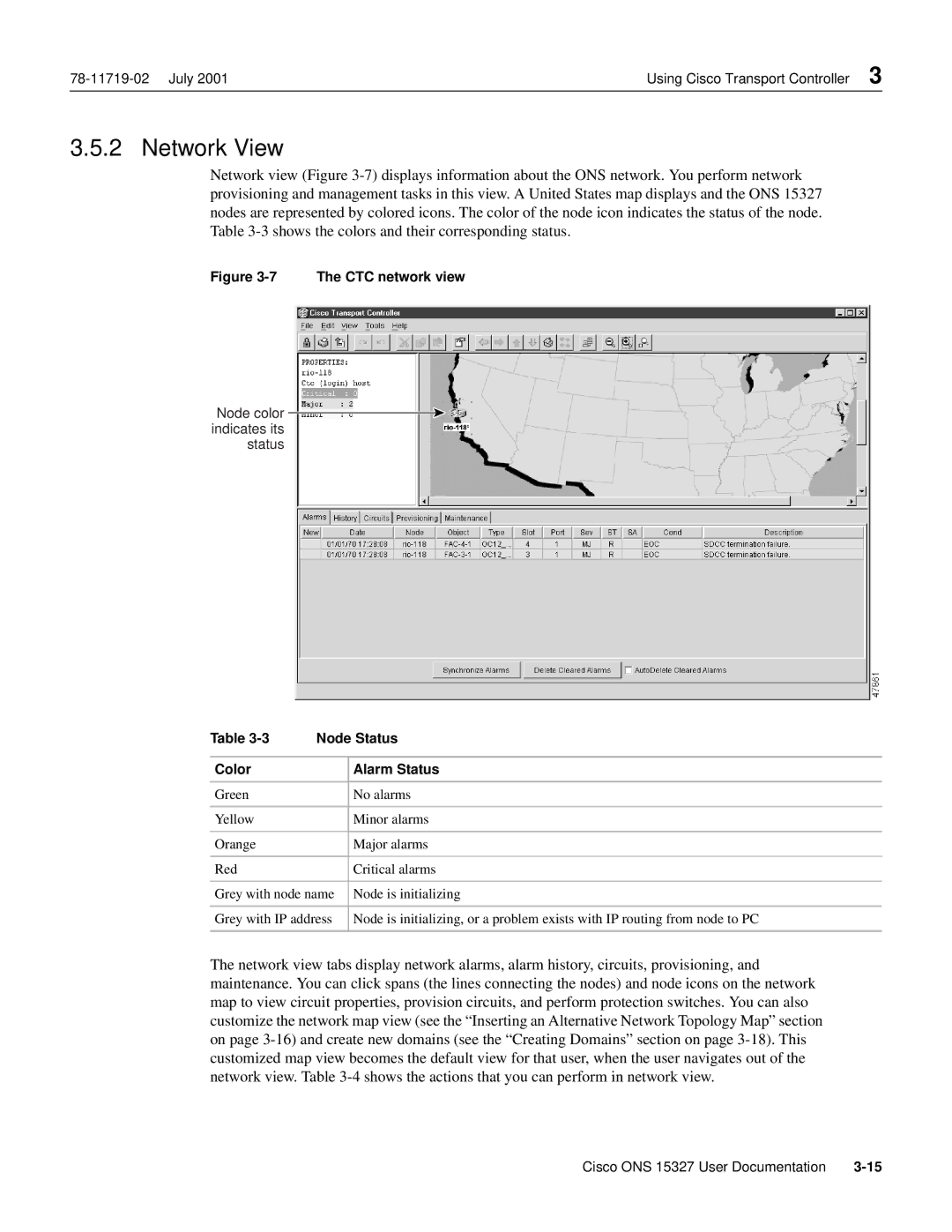 Cisco Systems ONS 15327 manual Network View, Node Status, Color Alarm Status 