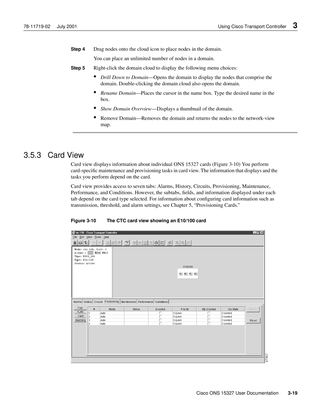 Cisco Systems ONS 15327 manual Card View, The CTC card view showing an E10/100 card 