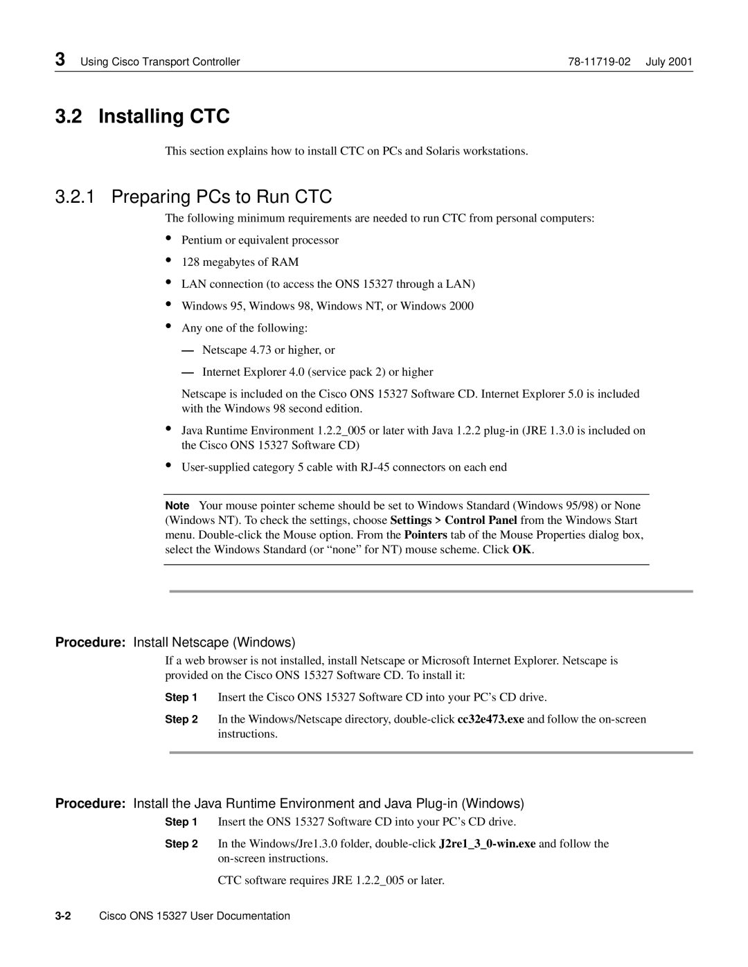 Cisco Systems ONS 15327 manual Installing CTC, Preparing PCs to Run CTC, Procedure Install Netscape Windows 